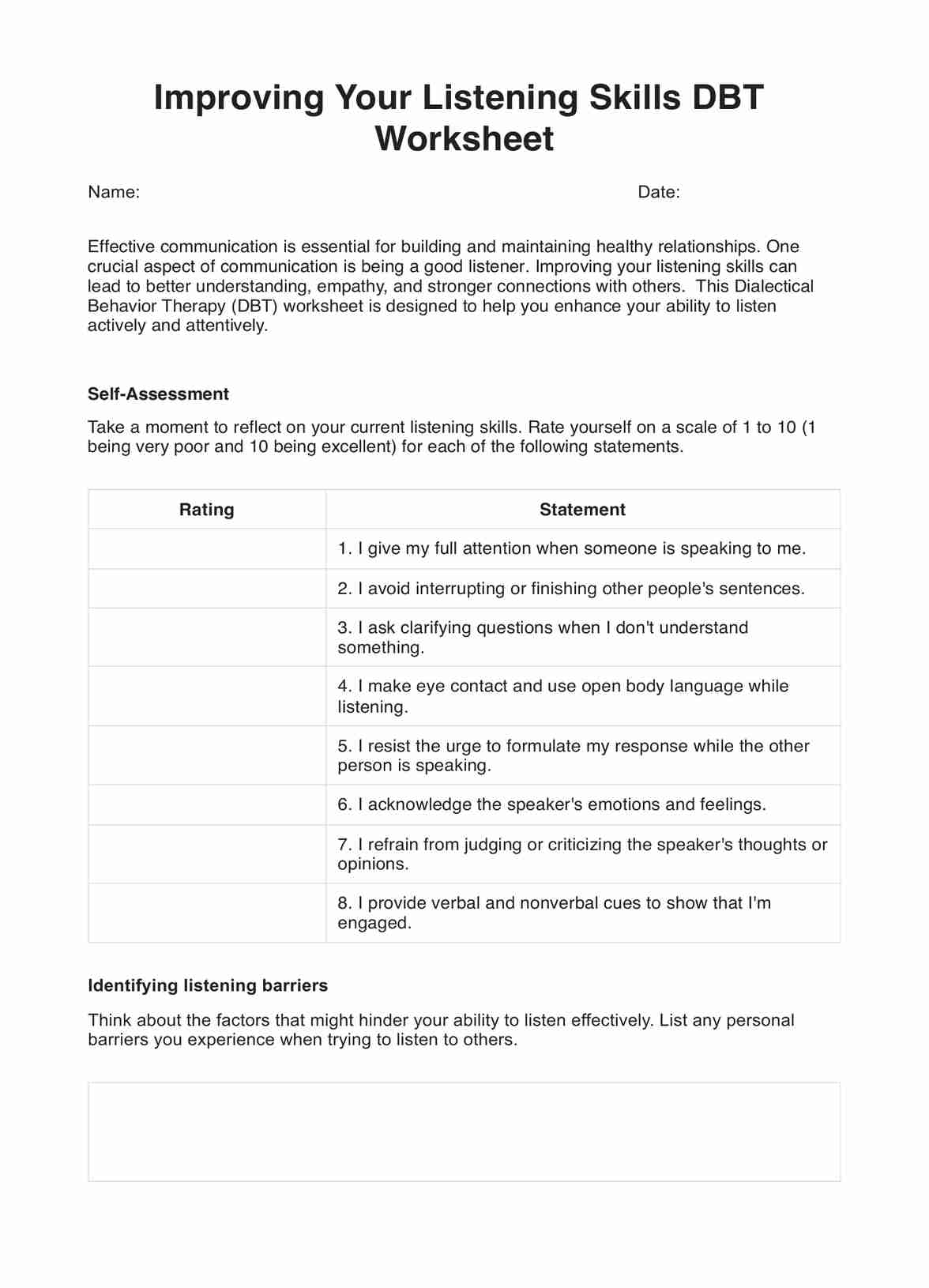 Improving Your Listening Skills DBT Worksheet PDF Example