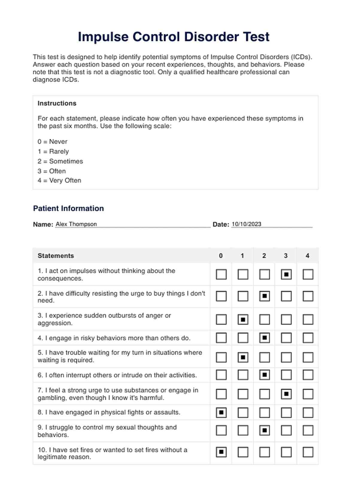 Impulse Control Disorder Test PDF Example