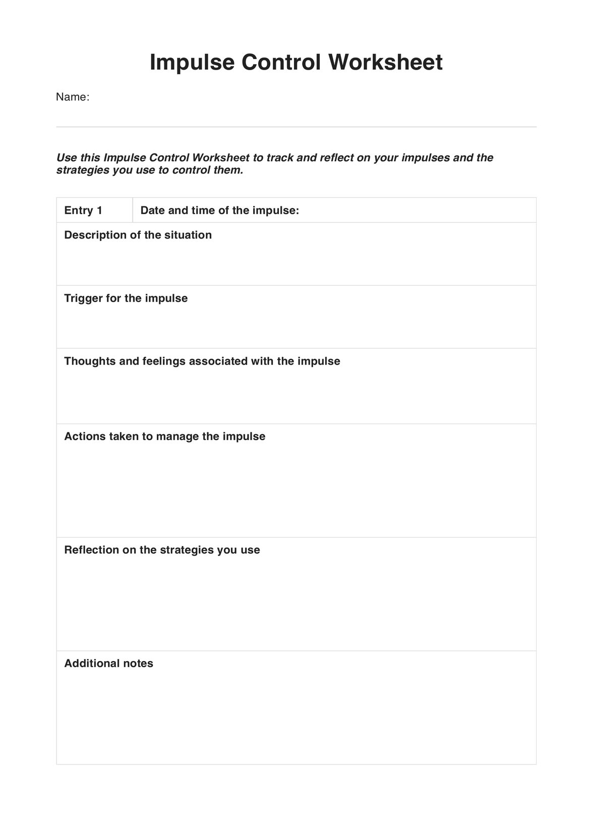 Impulse Control Worksheet PDF Example