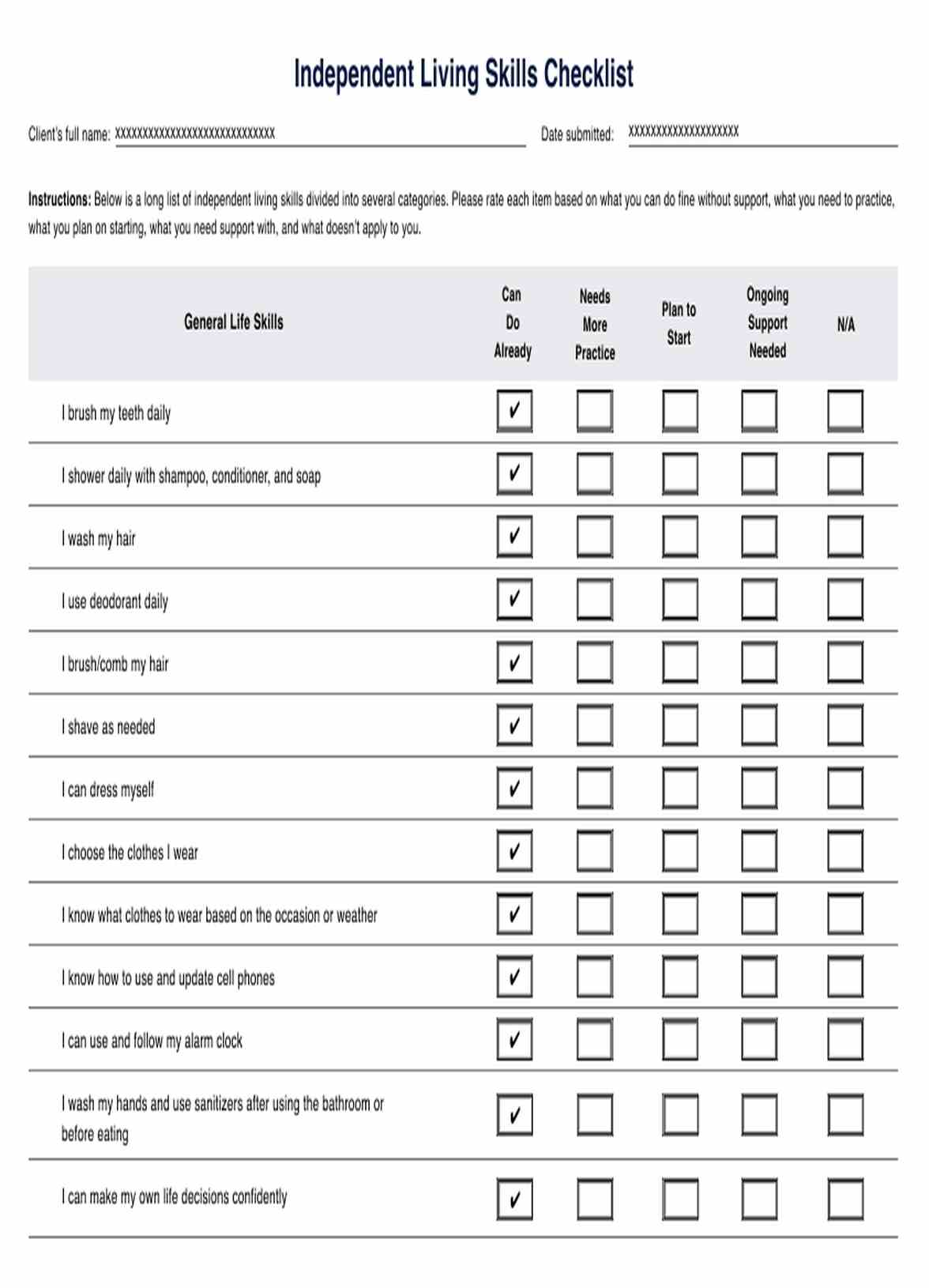 Independent Living Skills Checklist Template PDF Example