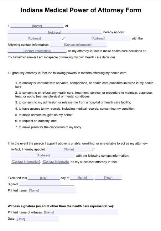 Indiana Medical Power of Attorney Form PDF Example