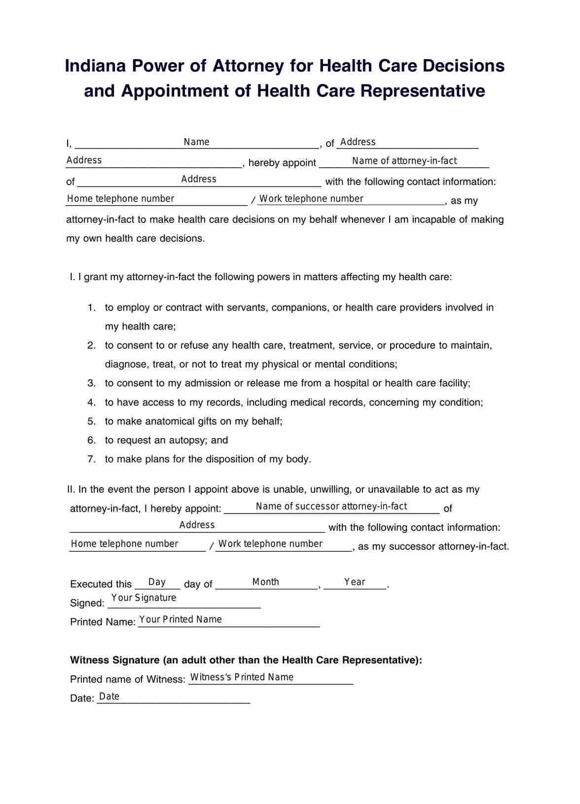Indiana Medical Power of Attorney Form PDF Example