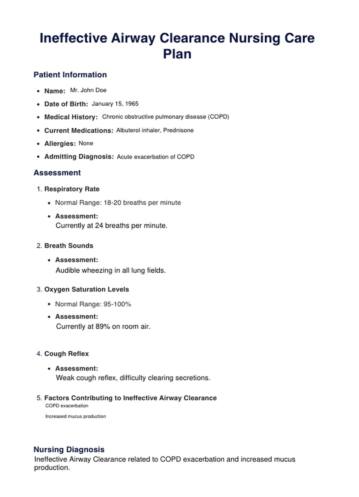 Ineffective Airway Clearance Nursing Care Plan PDF Example