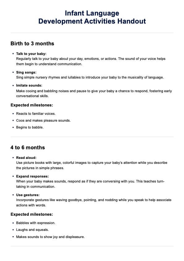 Infant Language Development Activities Handout PDF Example