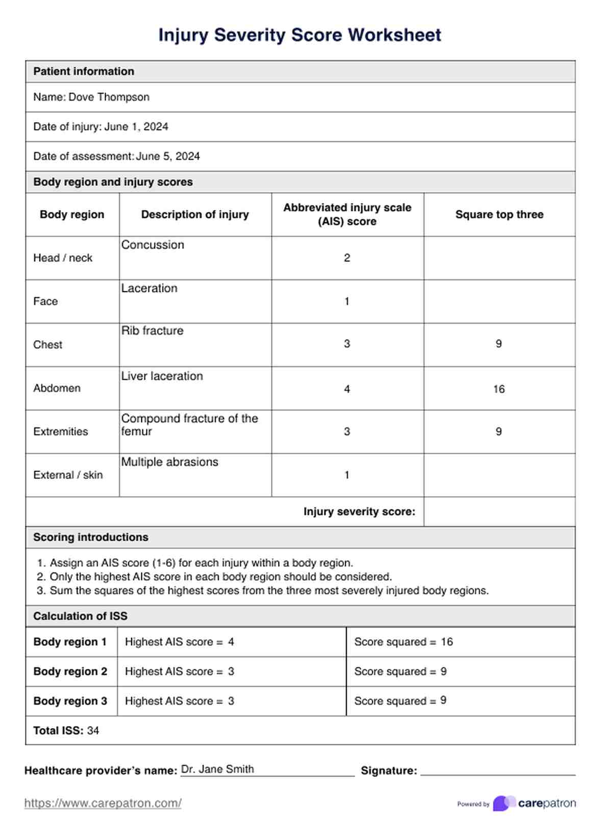 Injury Severity Score Worksheet PDF Example