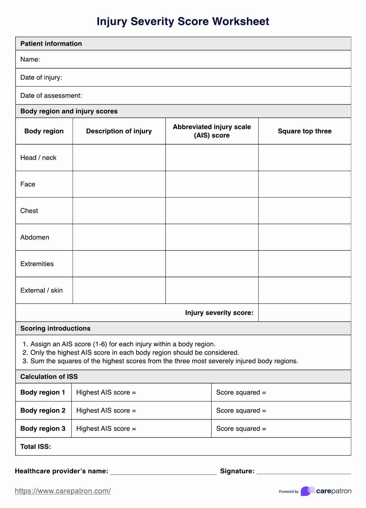 Injury Severity Score Worksheet PDF Example