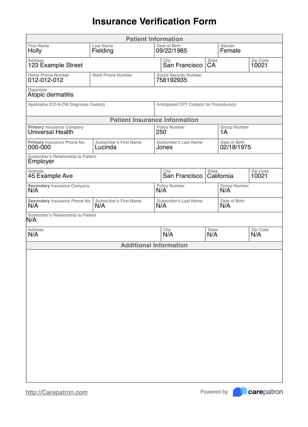 Insurance Verification Form PDF Example