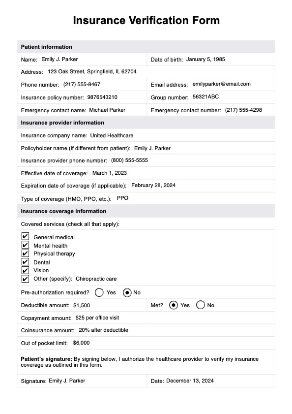 Insurance Verification Form PDF Example