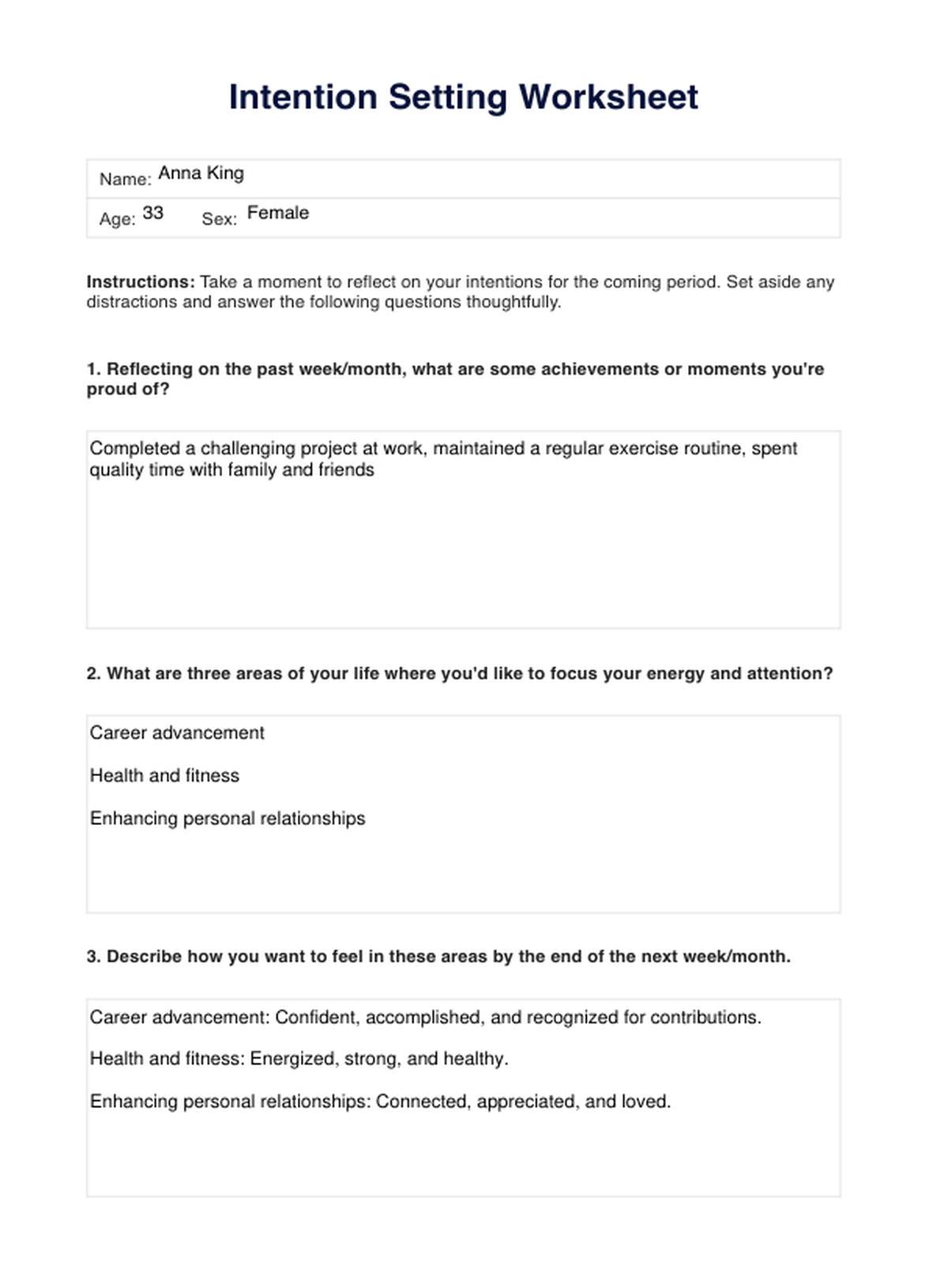 Intention Setting Worksheet PDF Example
