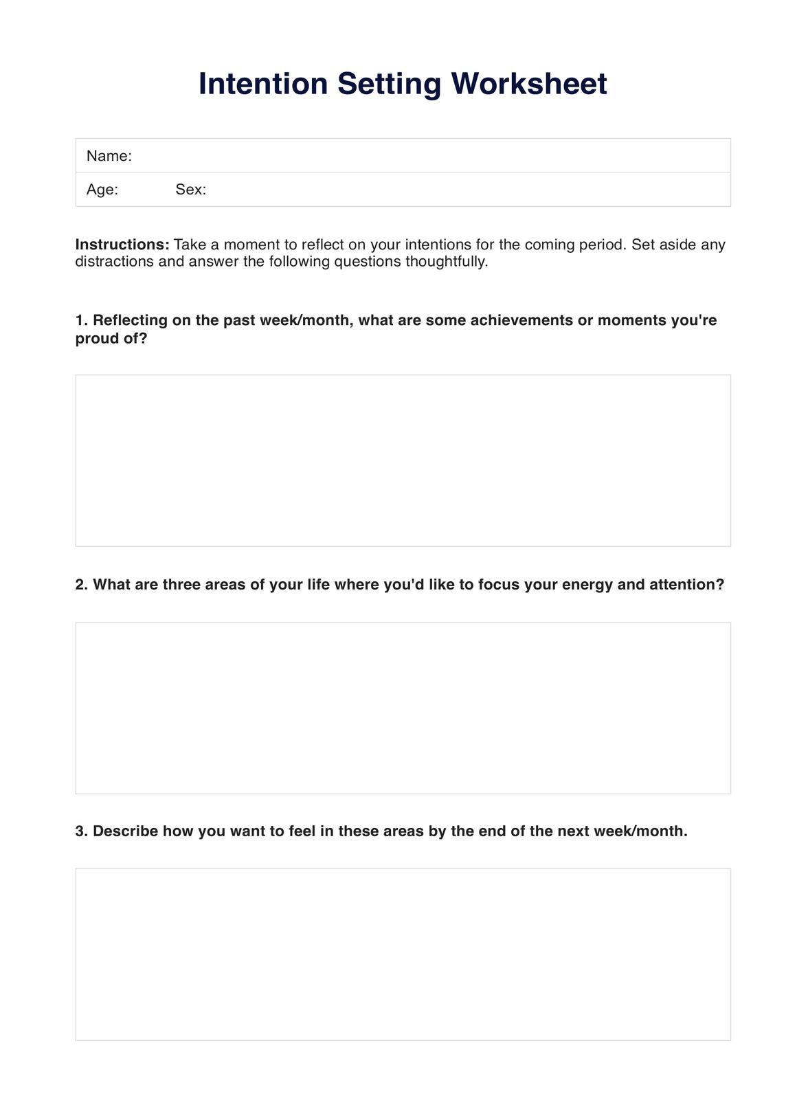 Intention Setting Worksheet PDF Example