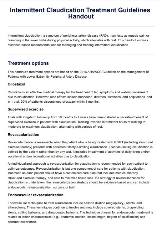Intermittent Claudication Treatment Guidelines Handout PDF Example