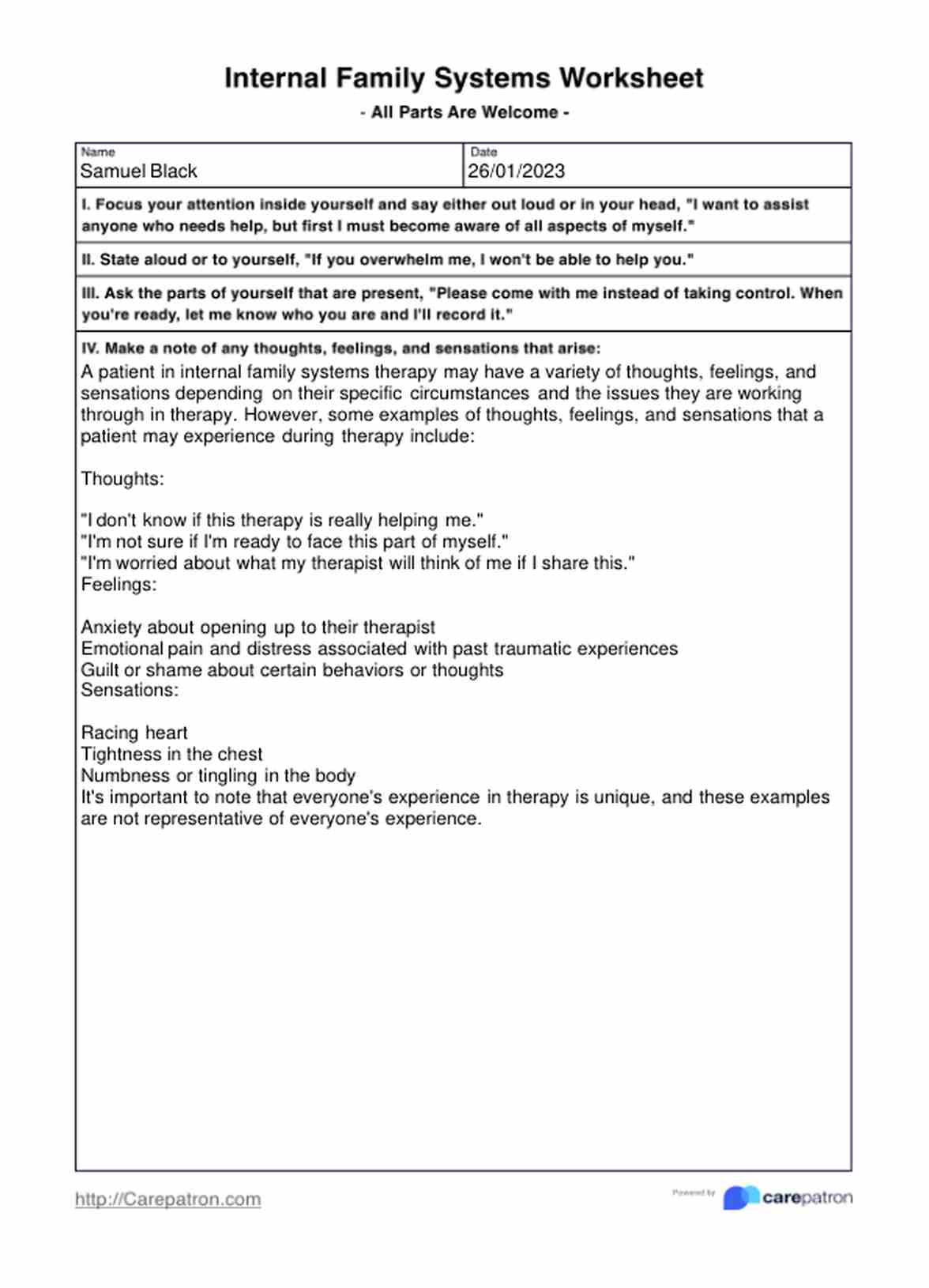 Internal Family Systems Worksheets PDF Example
