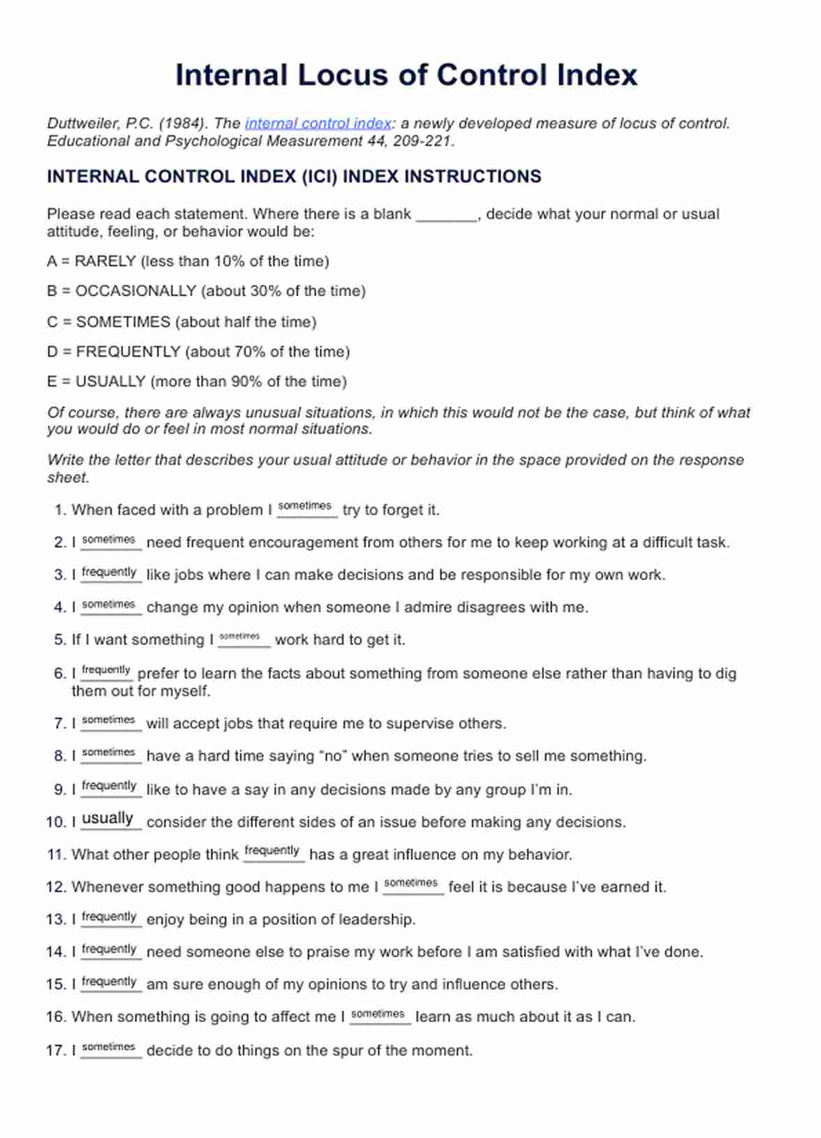 Locus of Control Worksheet PDF Example