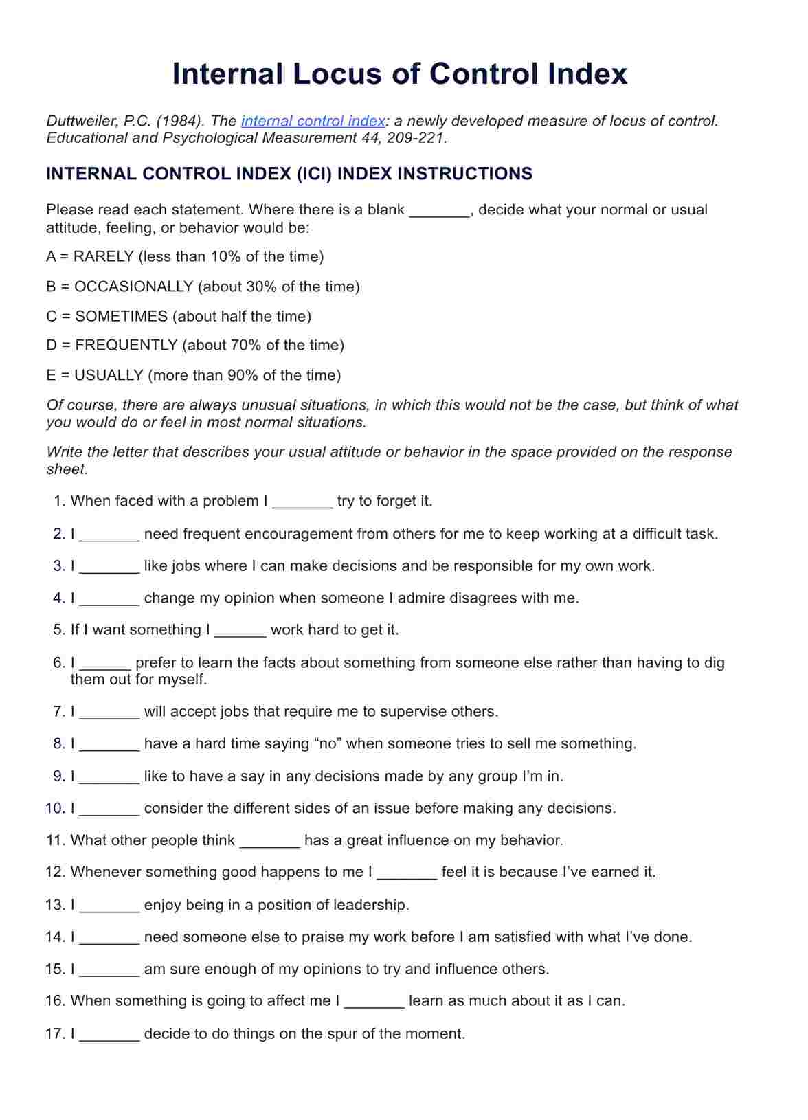 Locus of Control Worksheet PDF Example