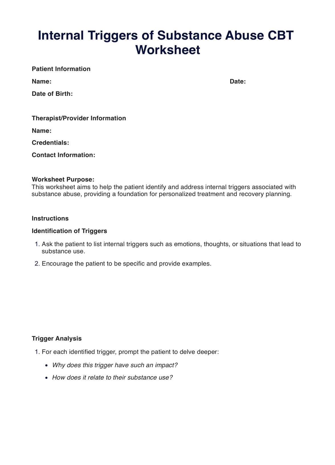 Internal Triggers of Substance Abuse CBT Worksheet PDF Example