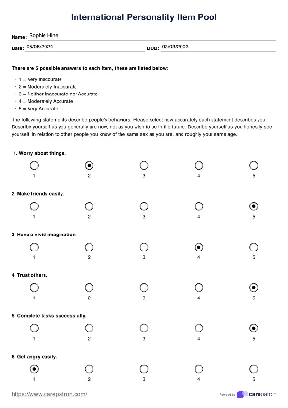 International Personality Item Pool  PDF Example