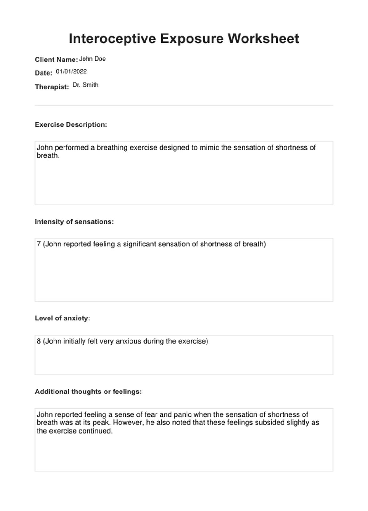 Interoceptive Exposure Worksheet PDF Example