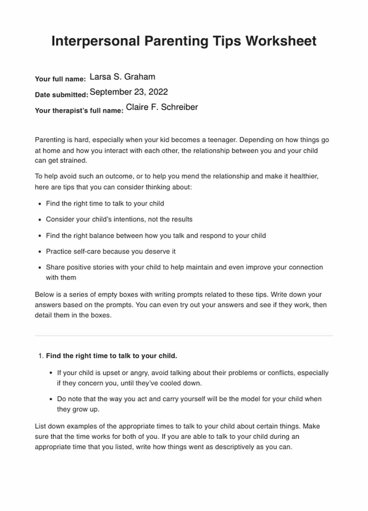 Interpersonal Parenting Tips Worksheet PDF Example