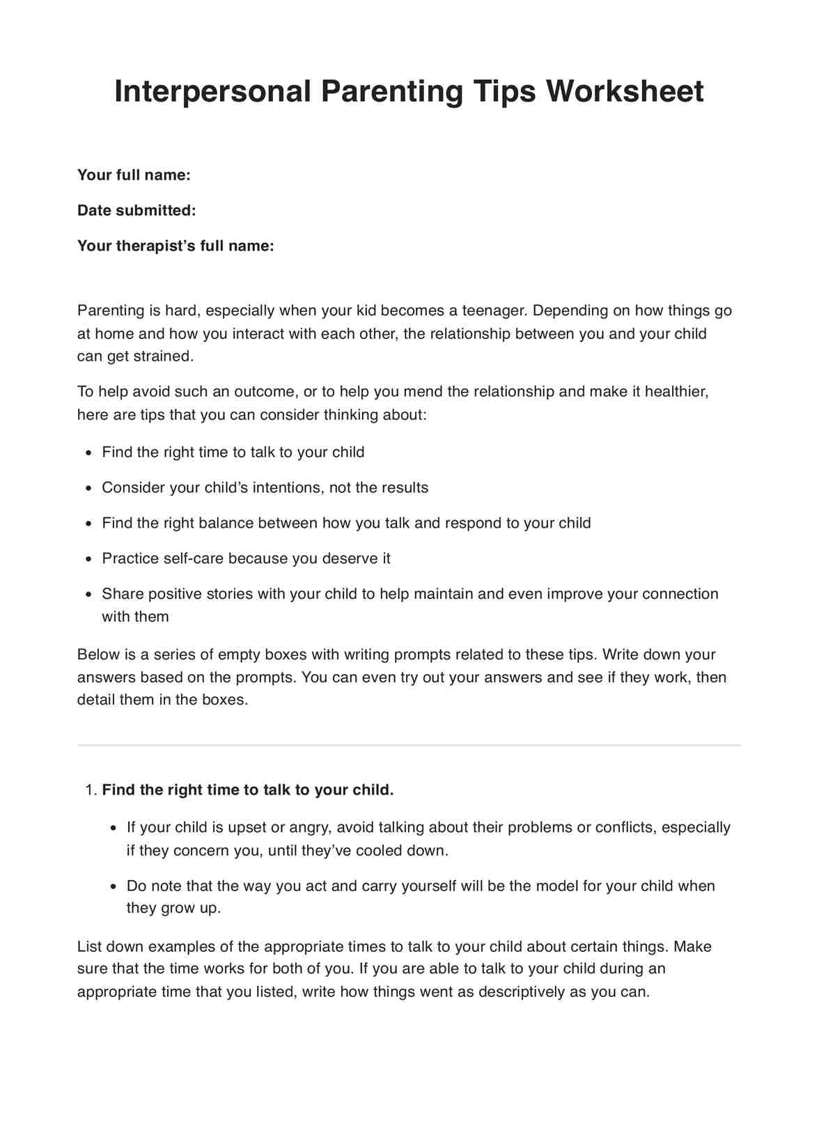 Interpersonal Parenting Tips Worksheet PDF Example
