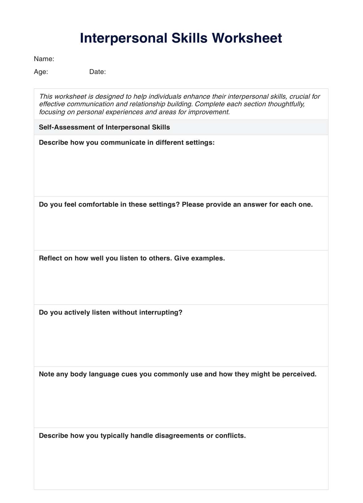 Interpersonal Skills Worksheet PDF Example