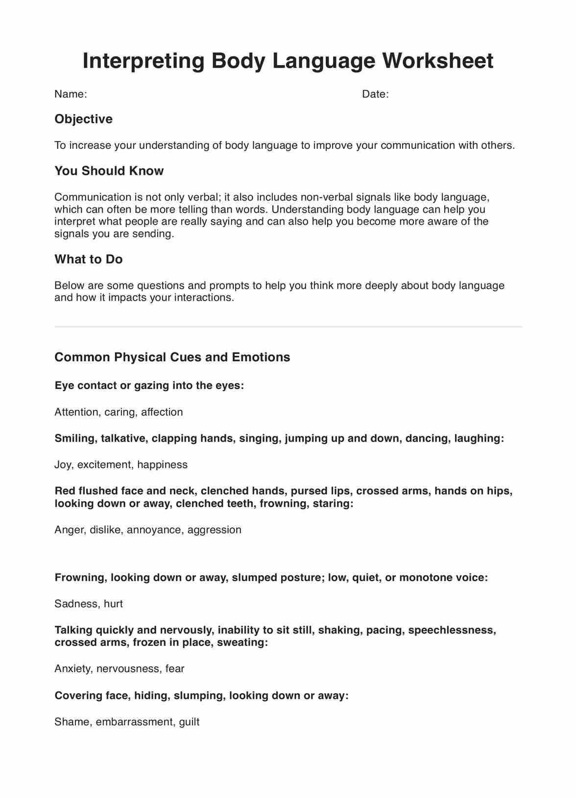 Interpreting Body Language DBT Worksheet PDF Example