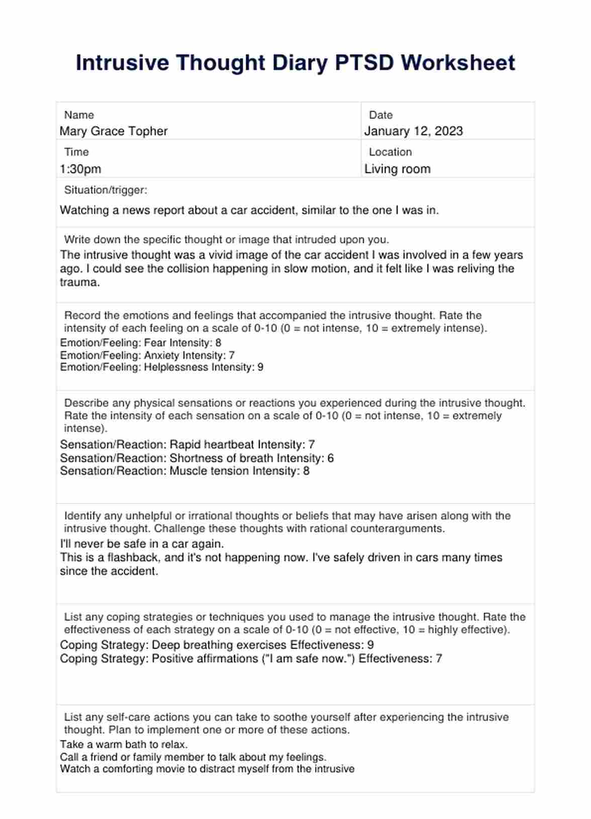 Intrusive Thought Diary PTSD Worksheets PDF Example