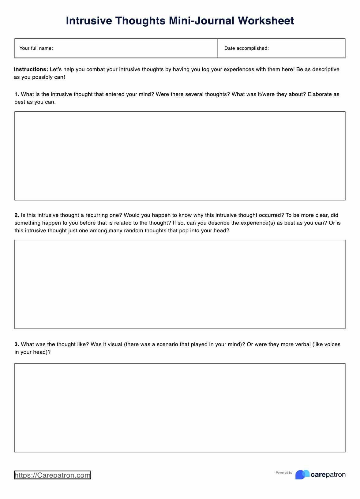 Intrusive Thoughts Worksheet PDF Example