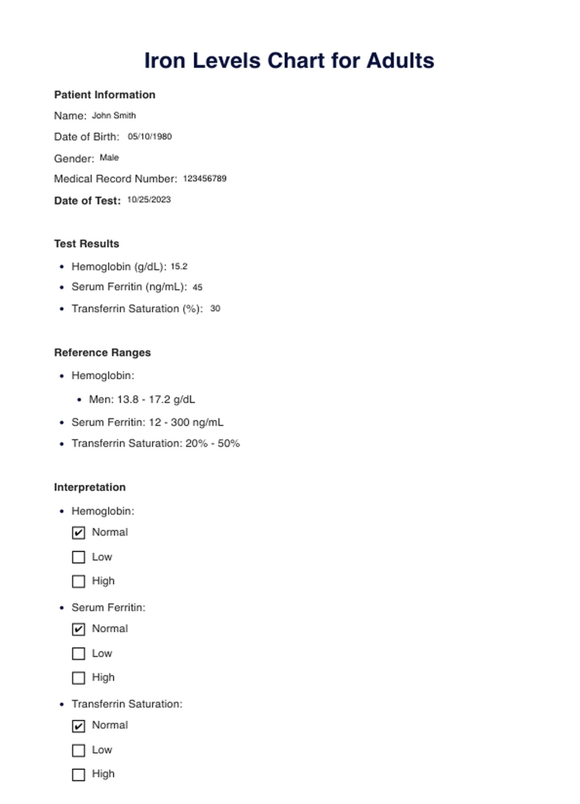 Iron Levels Chart For Adults PDF Example