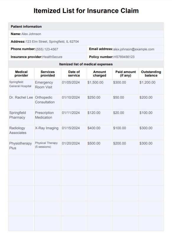 Itemized List For Insurance Claim PDF Example