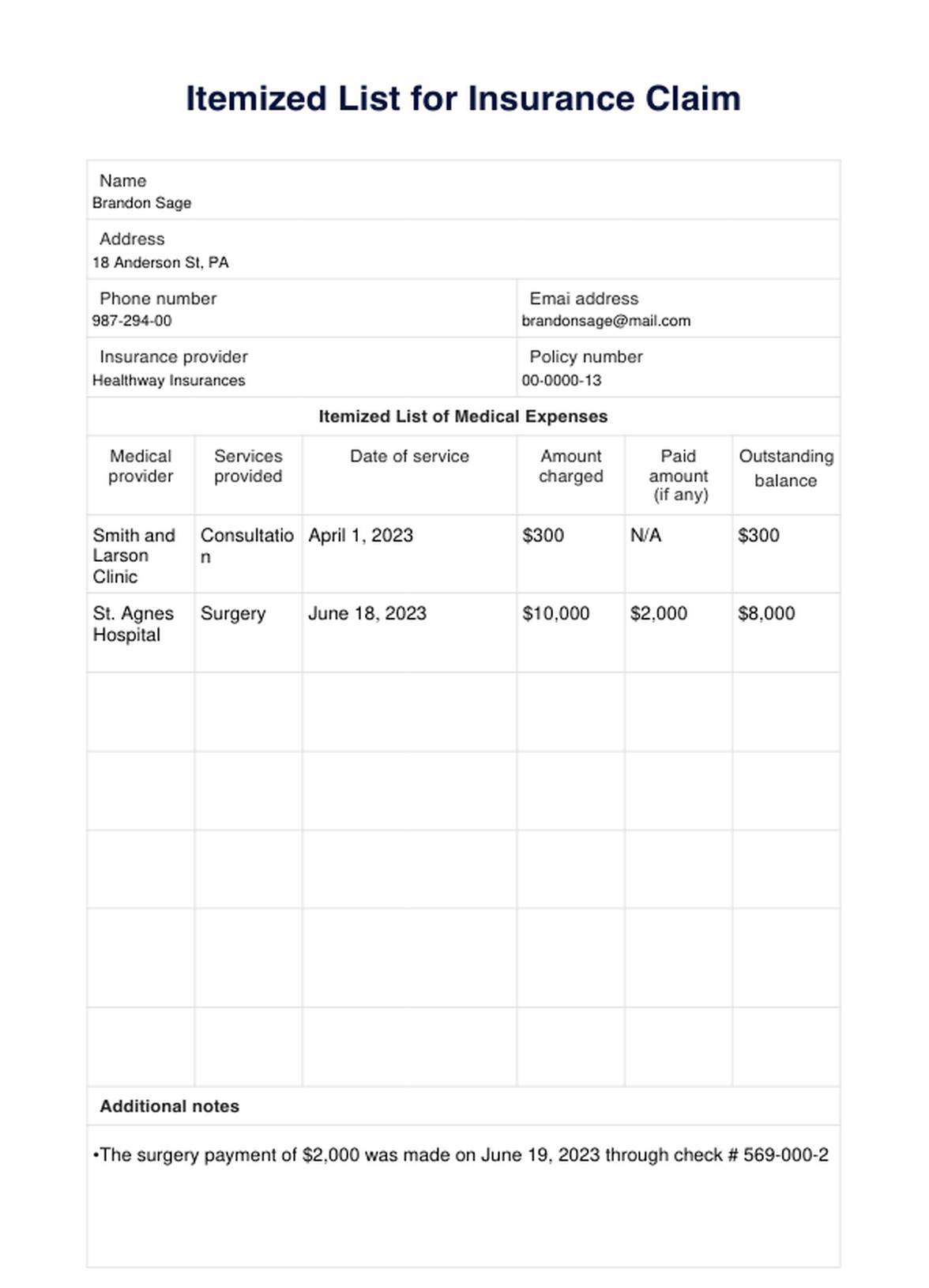 Itemized List For Insurance Claim PDF Example