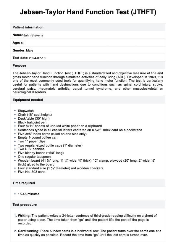 Jebsen-Taylor Hand Function Test PDF Example