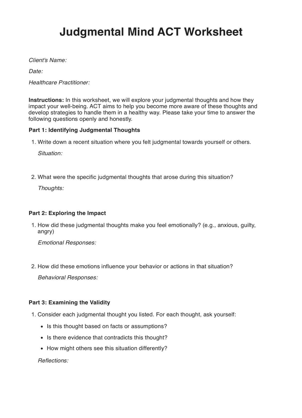 Judgmental Mind ACT Worksheet PDF Example