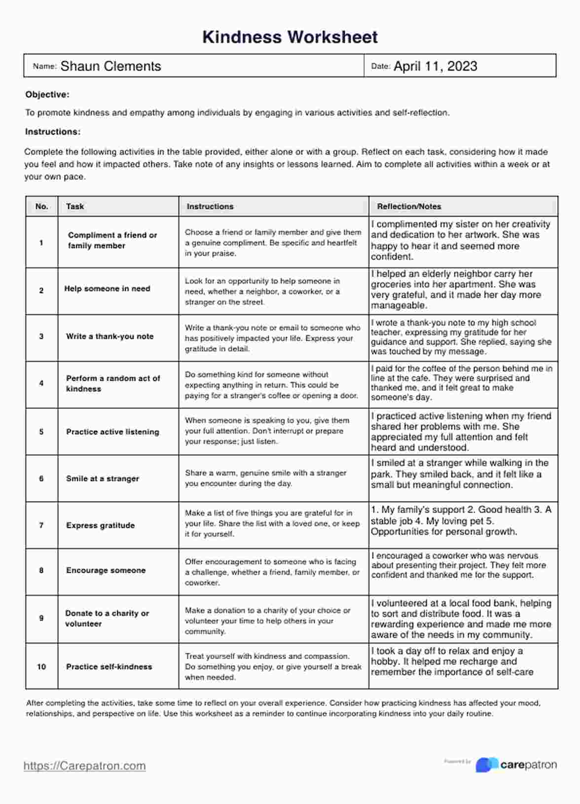 Kindness Worksheet PDF Example