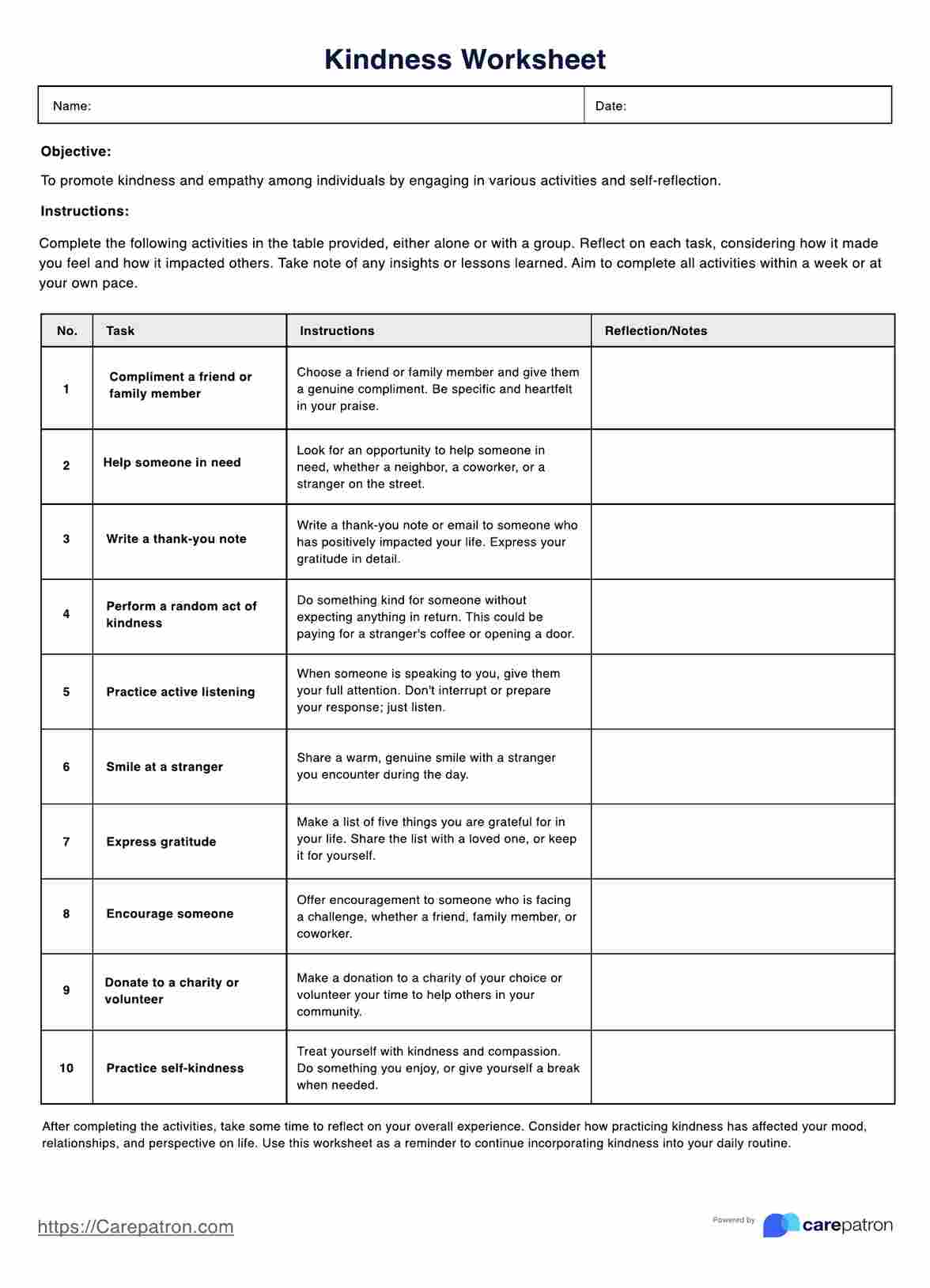 Kindness Worksheet PDF Example