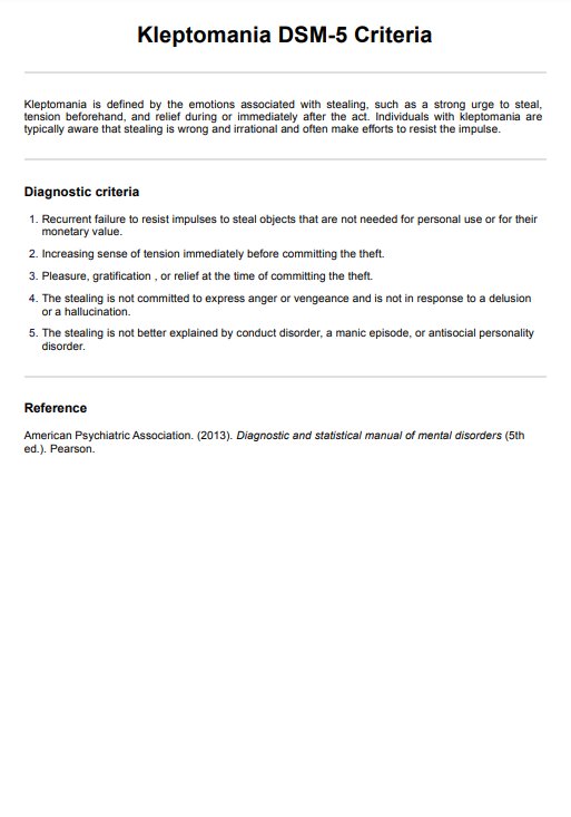 Kleptomania DSM-5 Criteria PDF Example