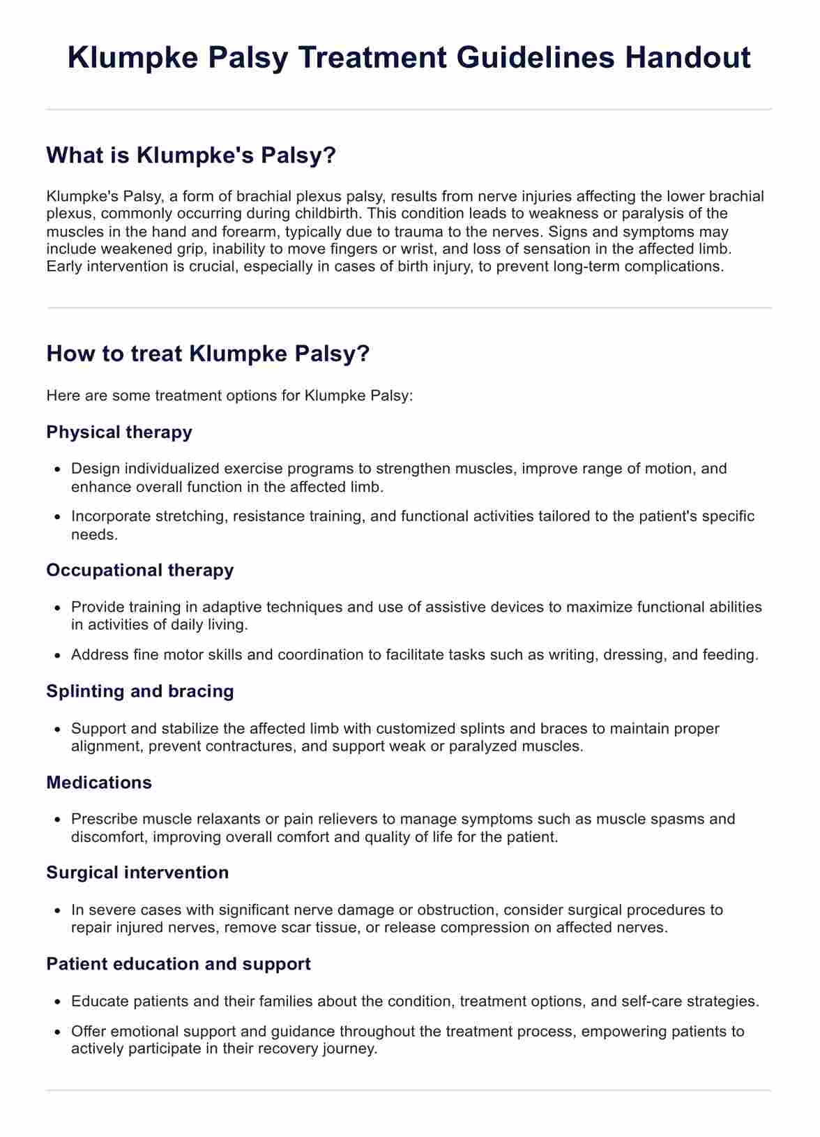 Klumpke Palsy Treatment Guidelines Handout PDF Example