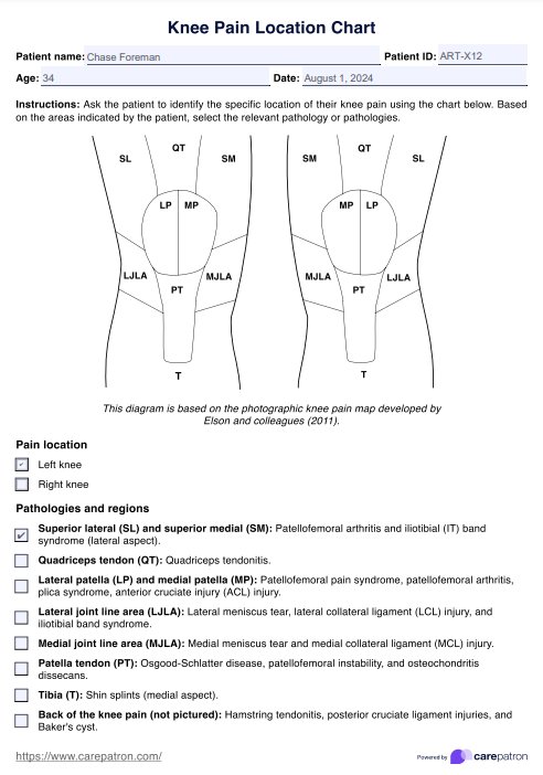 Knee Pain Location Chart PDF Example