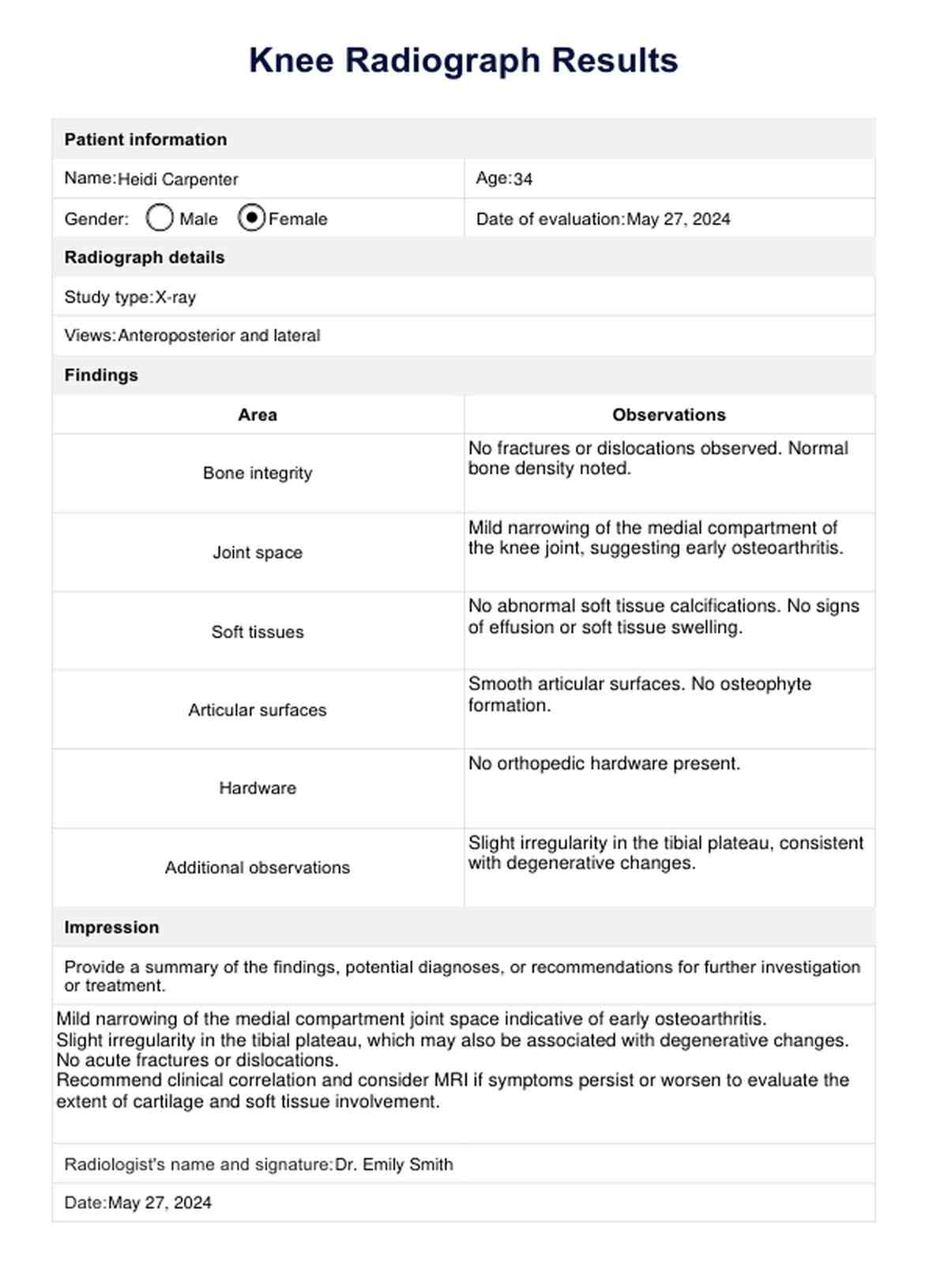Knee Radiograph Results Template PDF Example