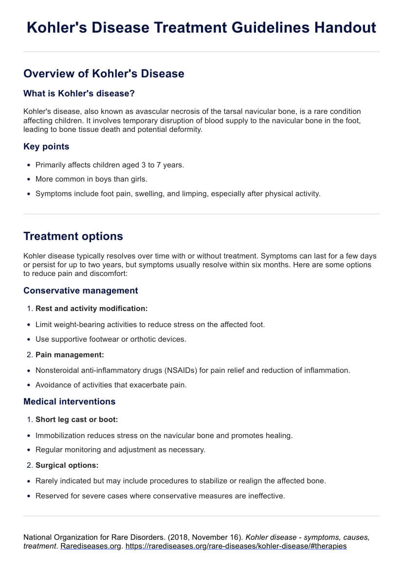 Kohler's Disease Treatment Guidelines Handout PDF Example