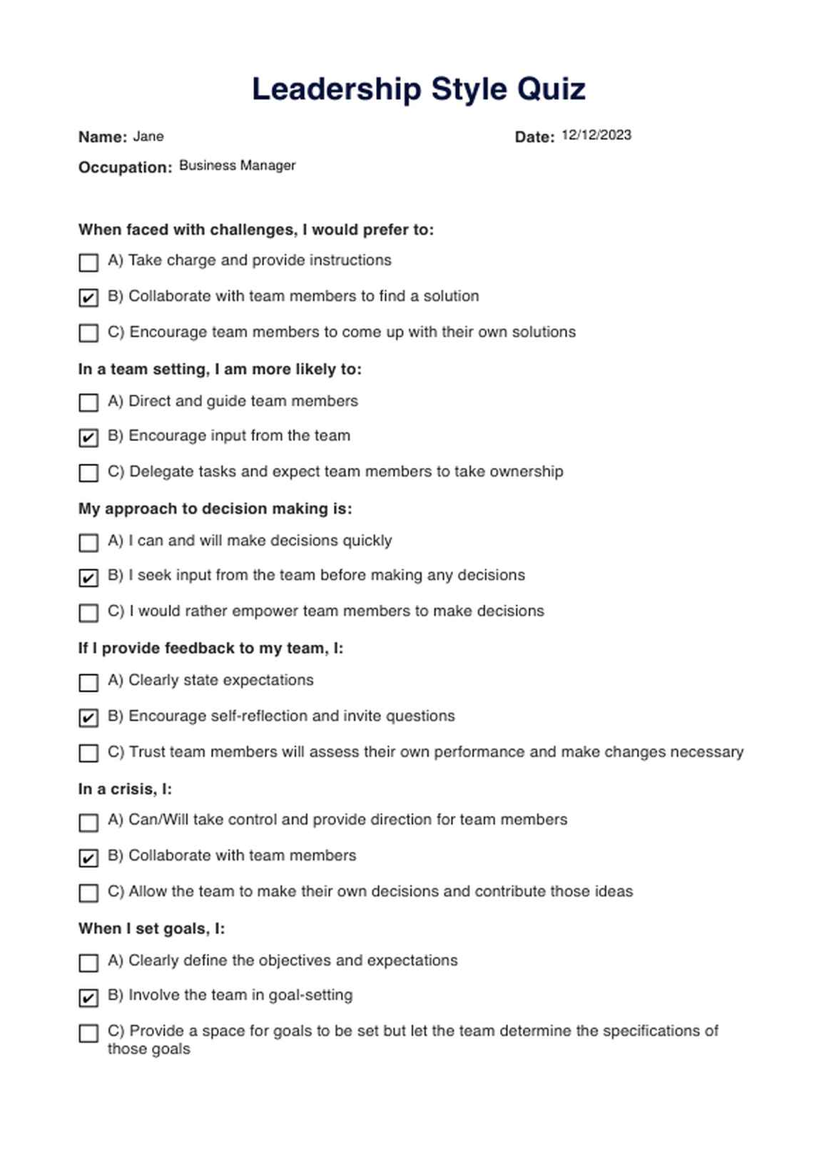 Leadership Style Quiz PDF Example