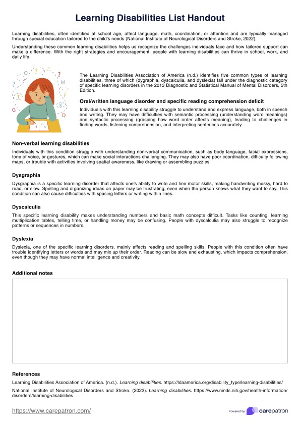 Learning Disabilities List Handout PDF Example