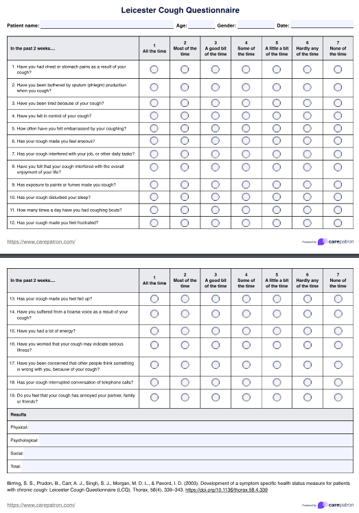 Leicester Cough Questionnaire PDF Example