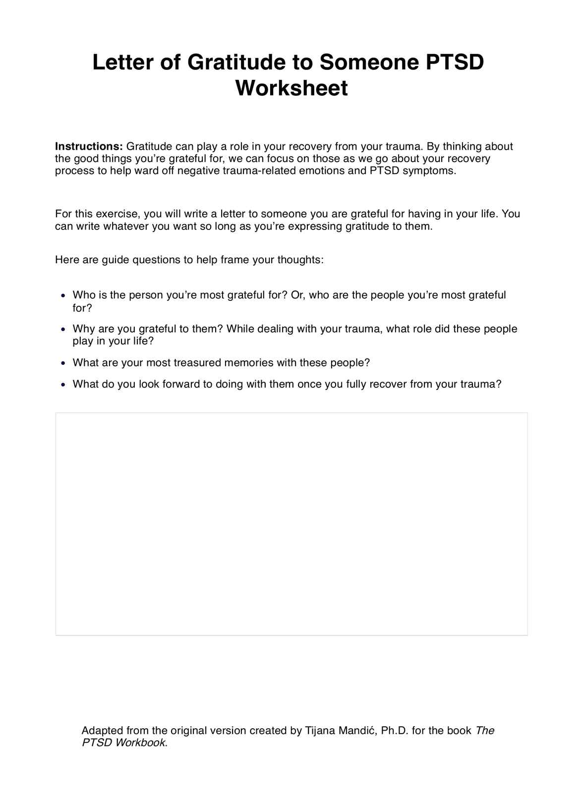 Letter of Gratitude to Someone PTSD Worksheet PDF Example
