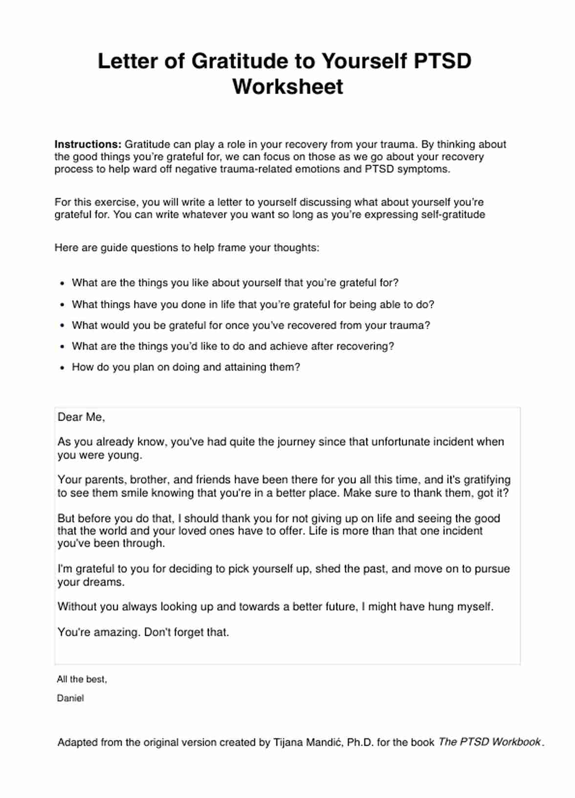 Letter of Gratitude to Yourself PTSD Worksheet PDF Example