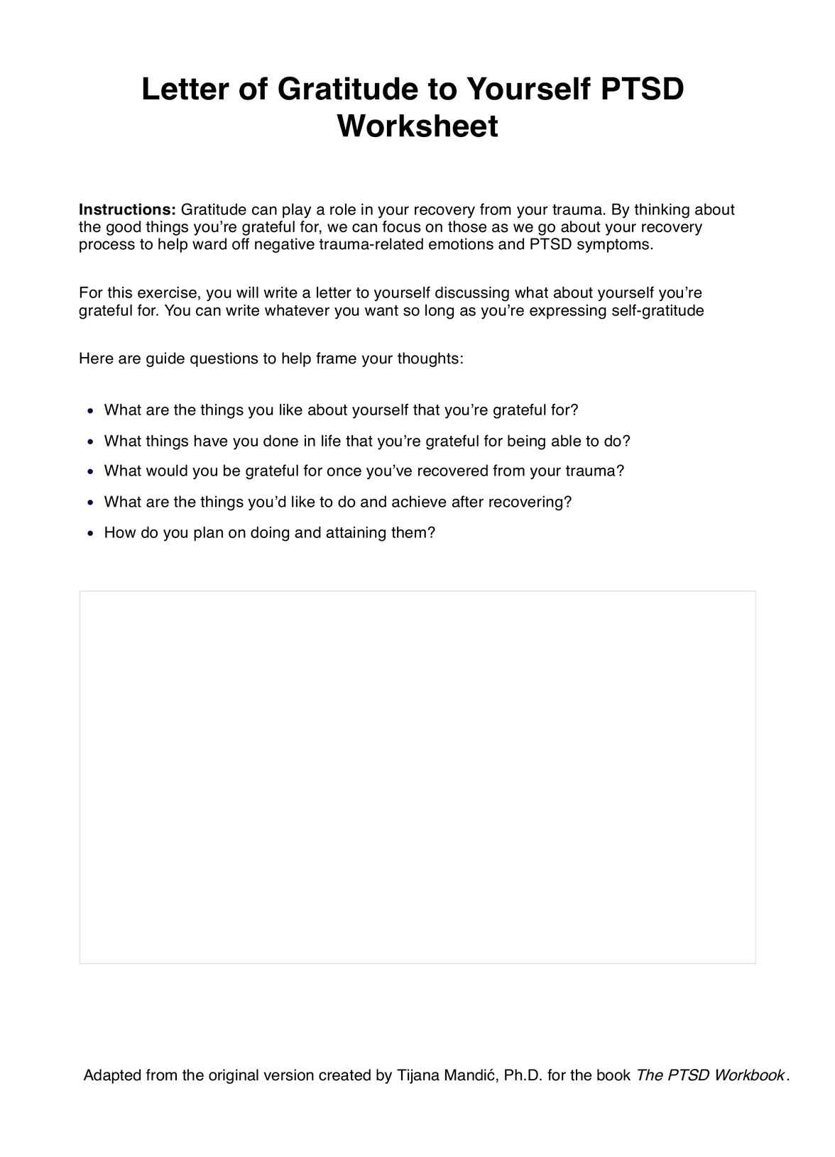 Letter of Gratitude to Yourself PTSD Worksheet PDF Example