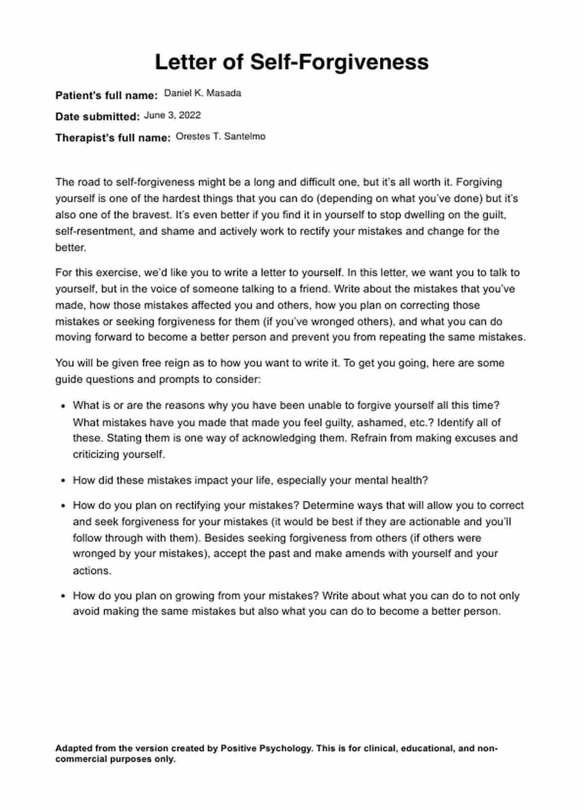 Letter of Self-Forgiveness Worksheet PDF Example