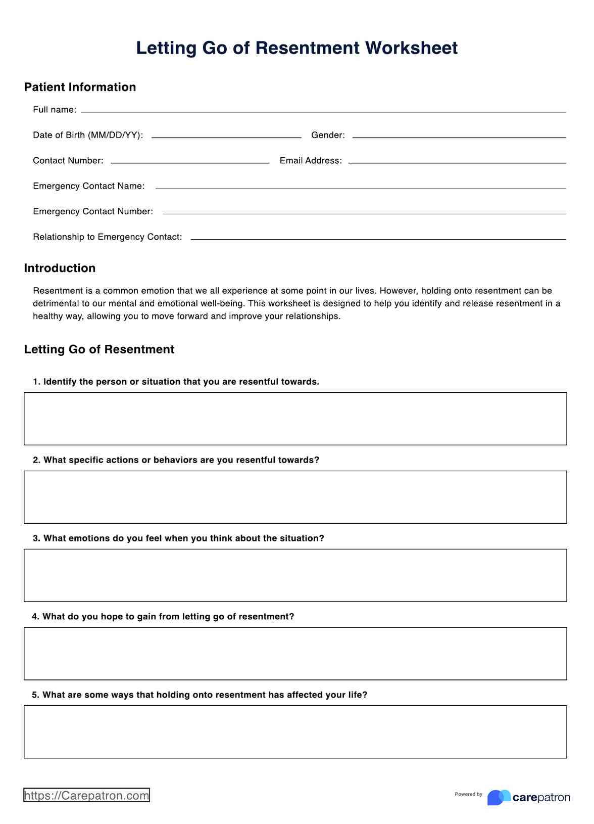 Letting Go Of Resentment Worksheet PDF Example