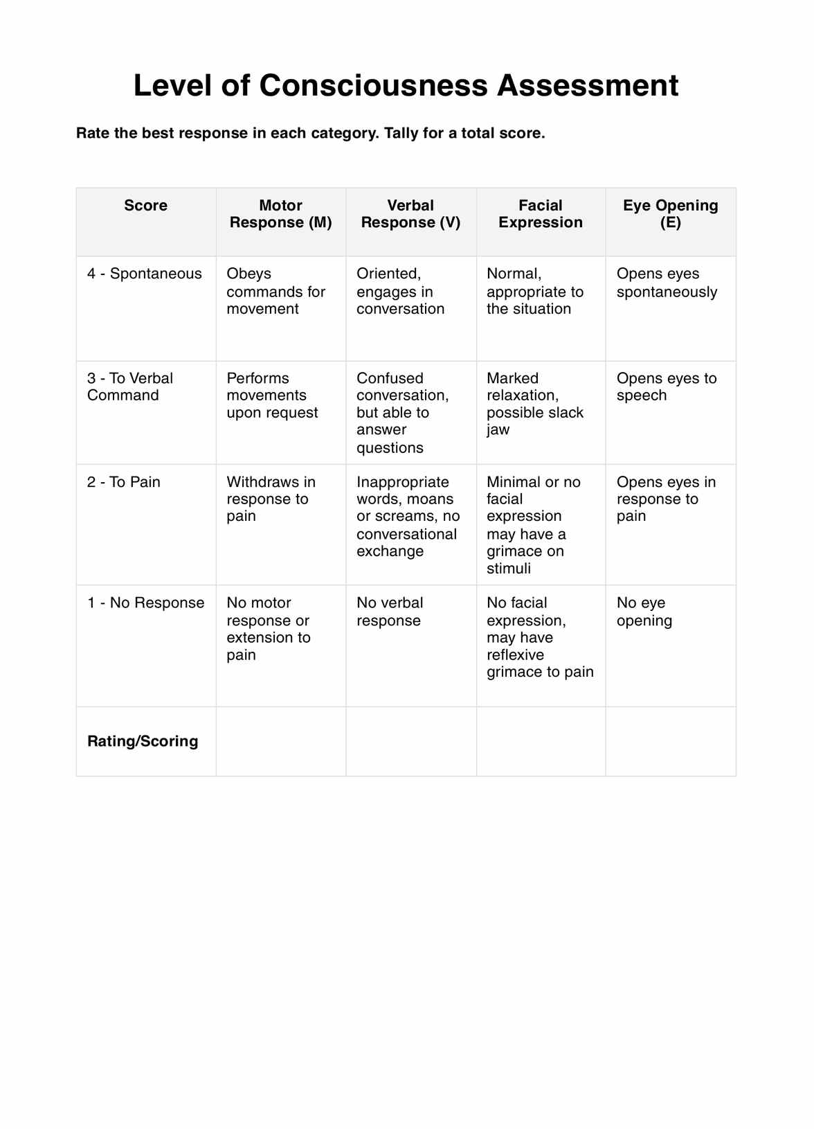 Level of Consciousness Assessment PDF Example