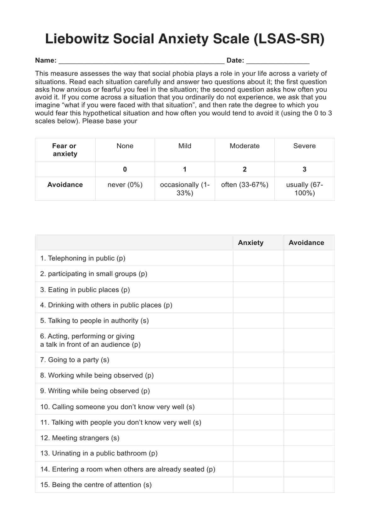 Liebowitz Social Anxiety Scale PDF Example
