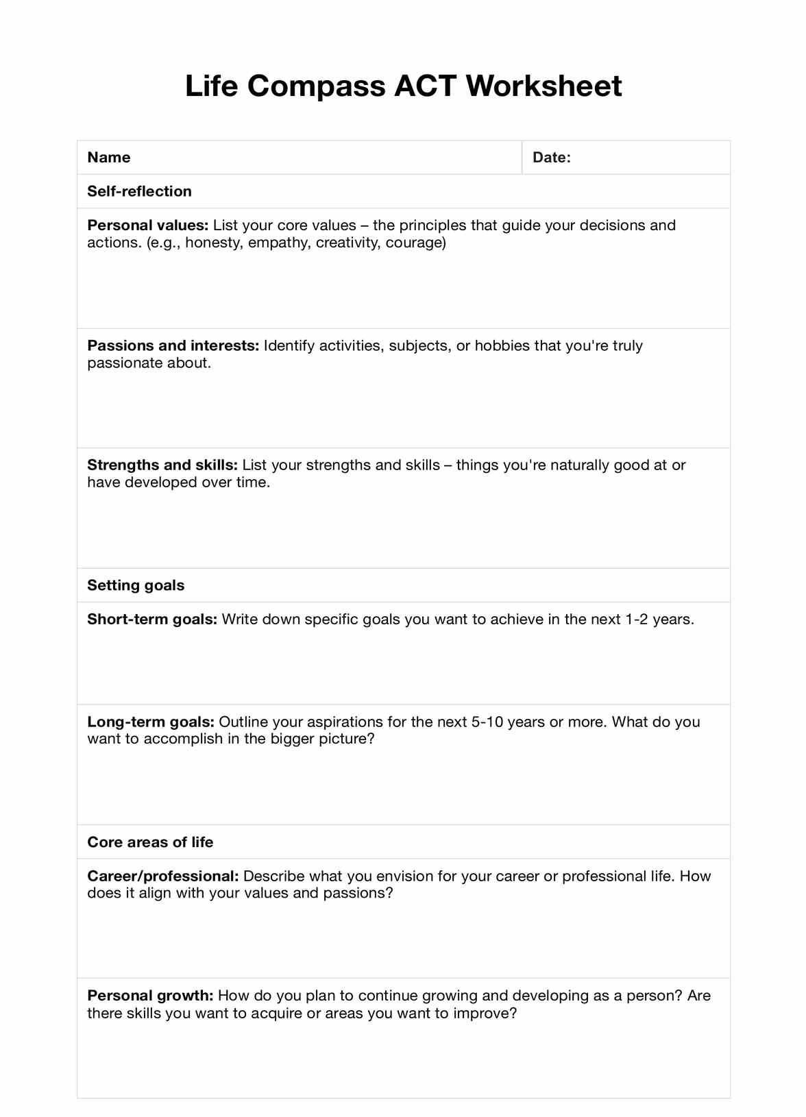 Life Compass ACT Worksheet PDF Example